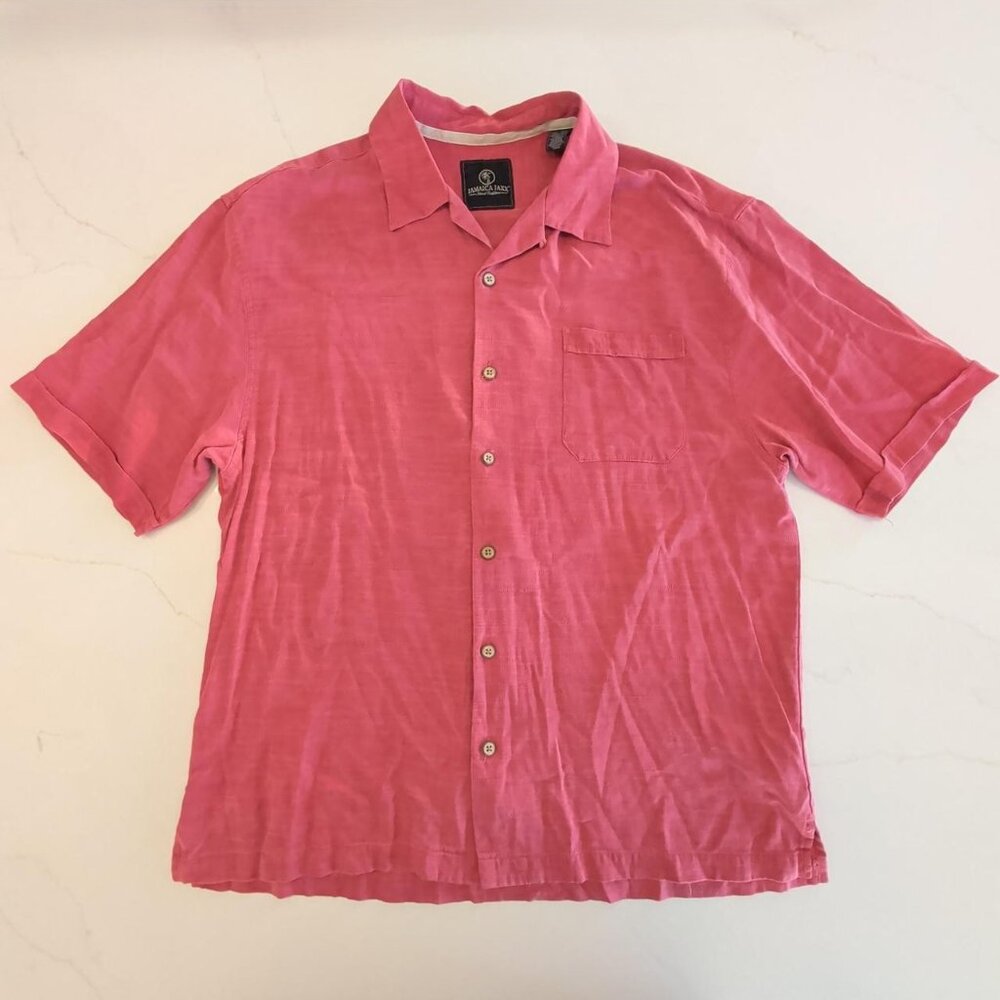 Jamaica Jaxx 100% Silk Sz XL Men's AOP Pink Button Up Casual Hawaiian Resort